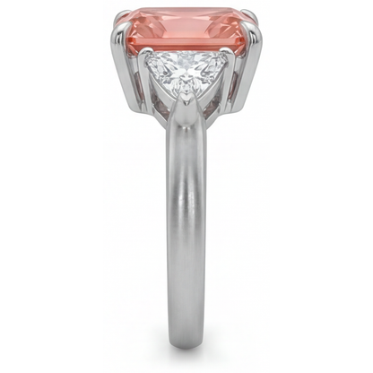 Radiant Padparadscha and White Diamond Three Stone Ring Natural 14K White Gold
