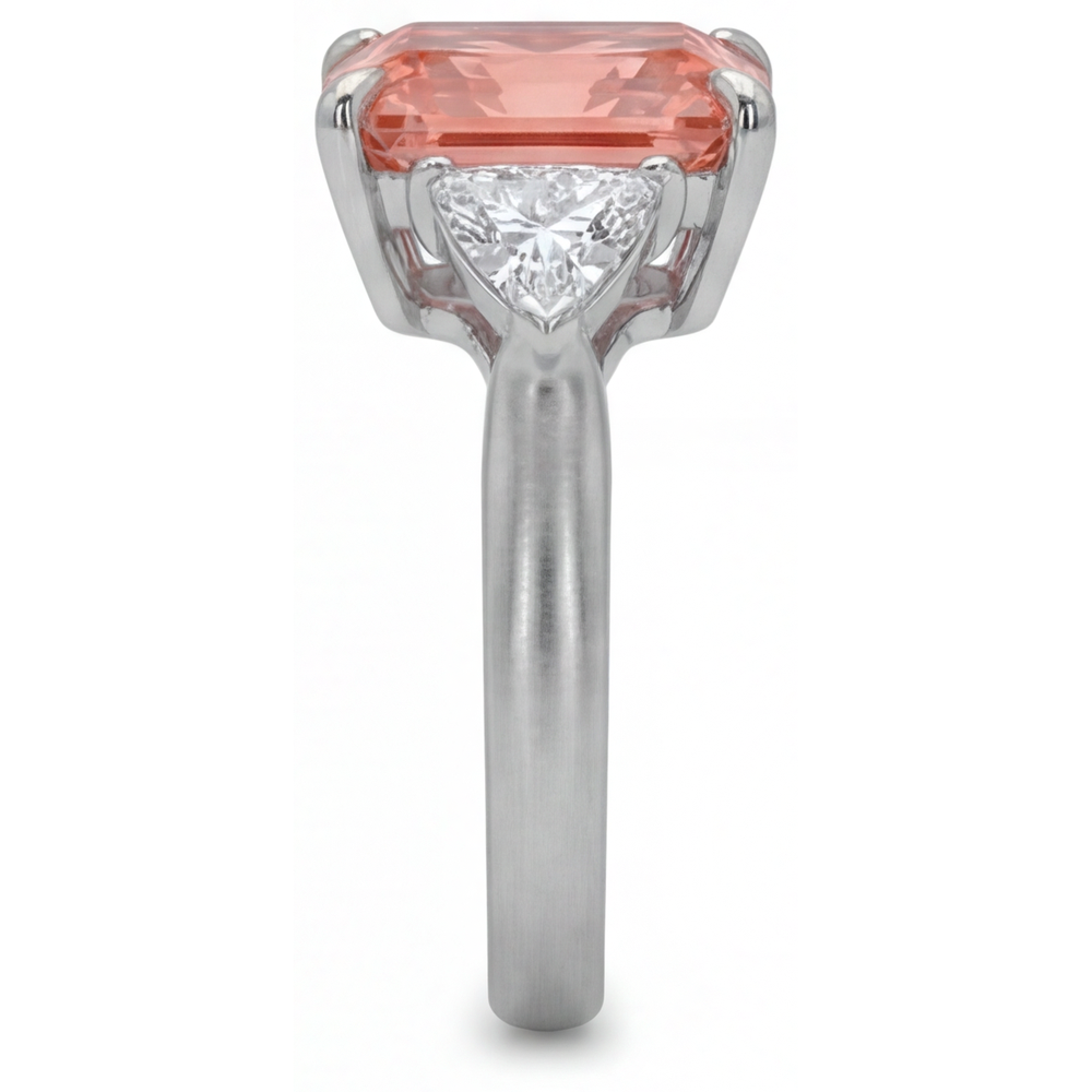 Radiant Padparadscha and White Diamond Three Stone Ring Natural 14K White Gold