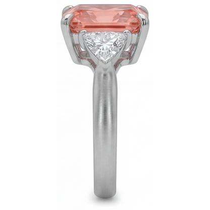 Radiant Padparadscha and White Diamond Three Stone Ring Natural 14K White Gold