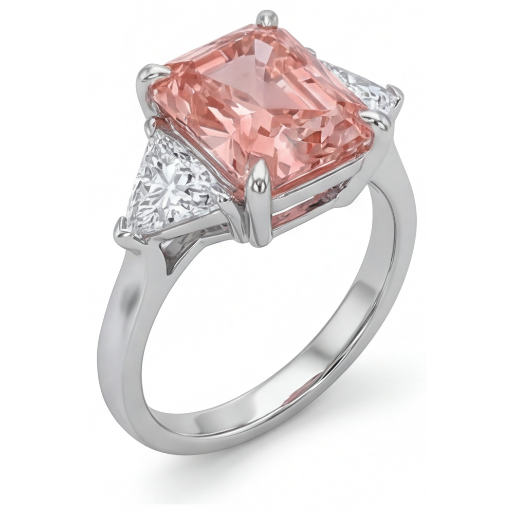 Radiant Padparadscha and White Diamond Three Stone Ring Natural 14K White Gold