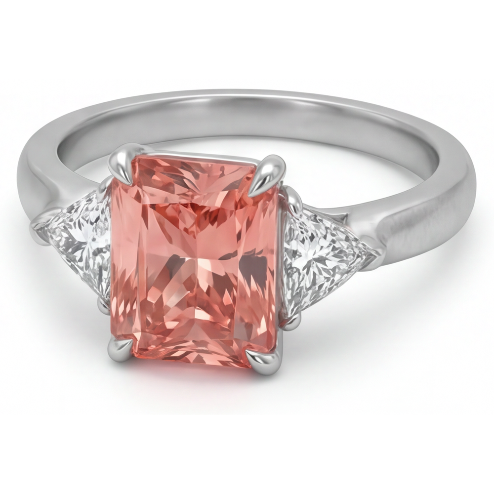 Radiant Padparadscha and White Diamond Three Stone Ring Natural 14K White Gold
