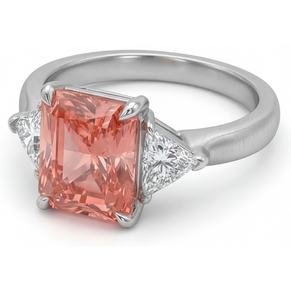 Radiant Padparadscha and White Diamond Three Stone Ring Natural 14K White Gold