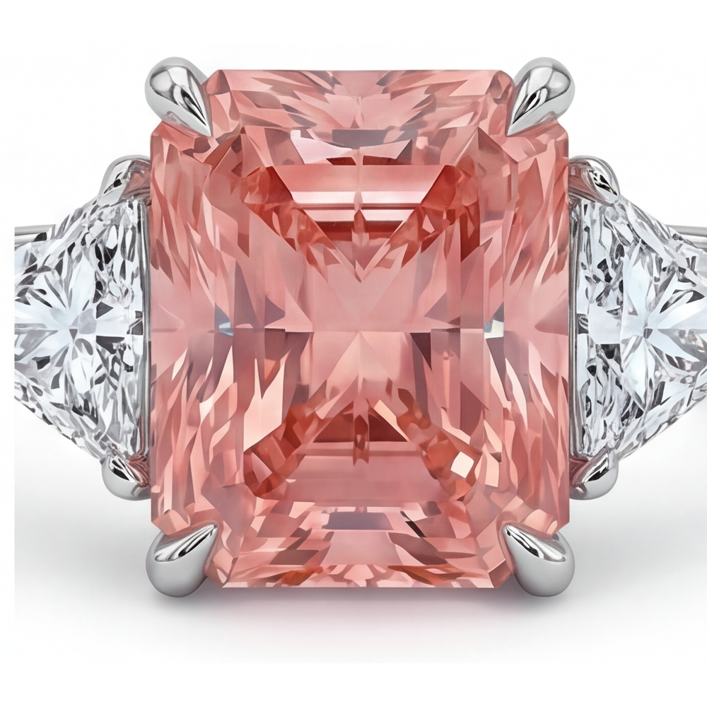 Radiant Padparadscha and White Diamond Three Stone Ring Natural 14K White Gold