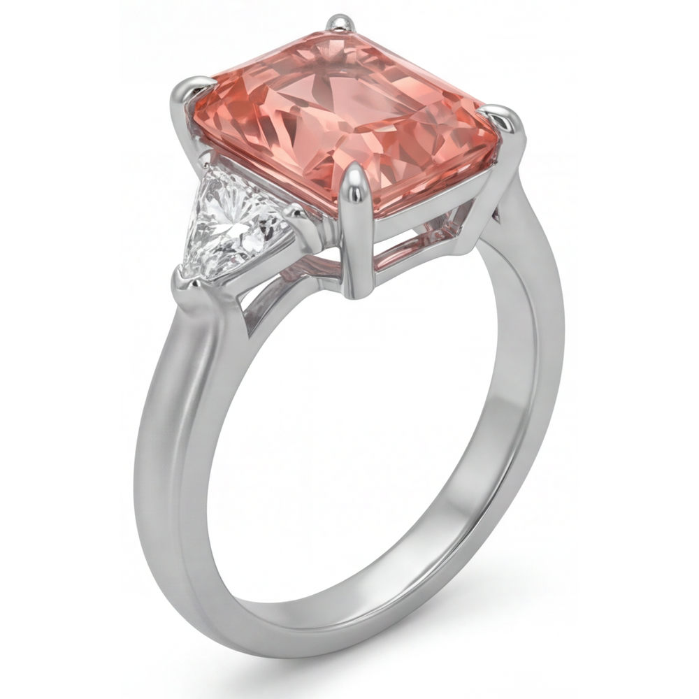 Radiant Padparadscha and White Diamond Three Stone Ring Natural 14K White Gold