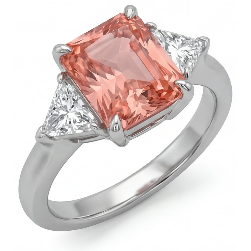Radiant Padparadscha and White Diamond Three Stone Ring Natural 14K White Gold