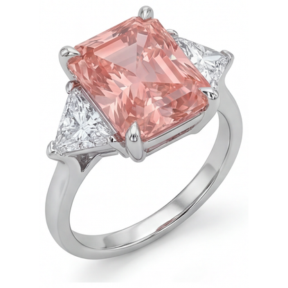 Radiant Padparadscha and White Diamond Three Stone Ring Natural 14K White Gold