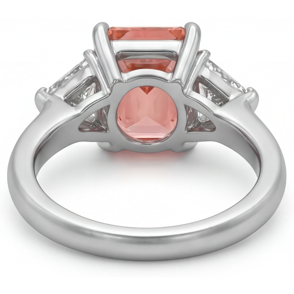 Radiant Padparadscha and White Diamond Three Stone Ring Natural 14K White Gold
