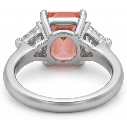 Radiant Padparadscha and White Diamond Three Stone Ring Natural 14K White Gold