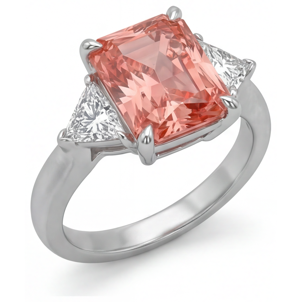 Radiant Padparadscha and White Diamond Three Stone Ring Natural 14K White Gold