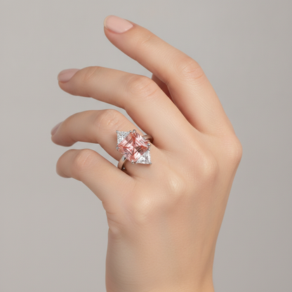 Radiant Padparadscha and White Diamond Three Stone Ring Natural 14K White Gold
