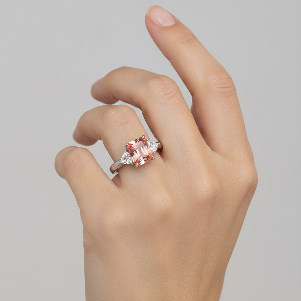 Radiant Padparadscha and White Diamond Three Stone Ring Natural 14K White Gold