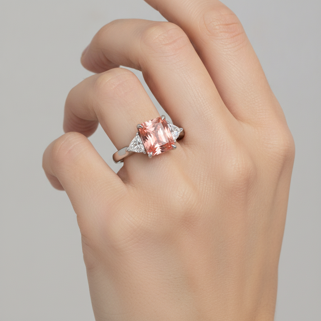 Radiant Padparadscha and White Diamond Three Stone Ring Natural 14K White Gold