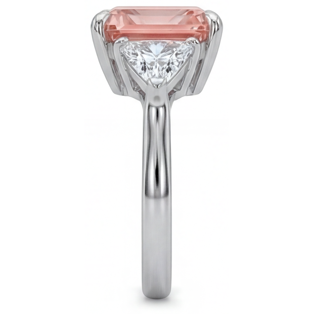 Radiant Padparadscha and White Diamond Three Stone Ring Natural 14K White Gold