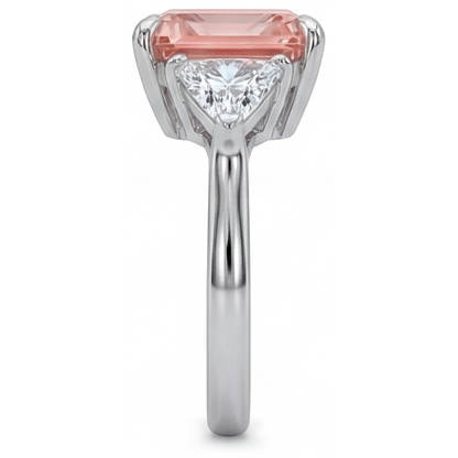 Radiant Padparadscha and White Diamond Three Stone Ring Natural 14K White Gold