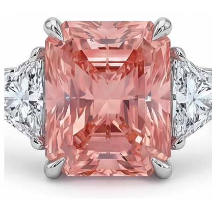Radiant Padparadscha and White Diamond Three Stone Ring Natural 14K White Gold