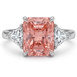 Radiant Padparadscha and White Trilliant Plain Three Stone Ring Natural 14K White Gold