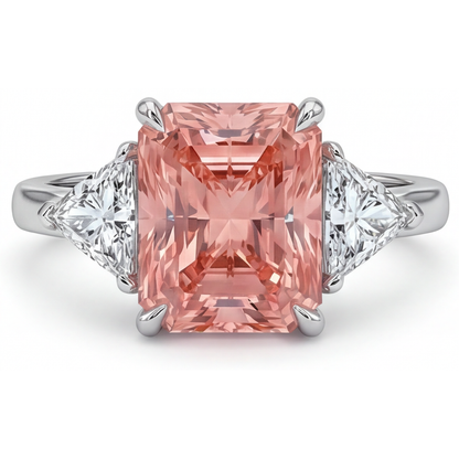 Radiant Padparadscha and White Diamond Three Stone Ring Natural 14K White Gold