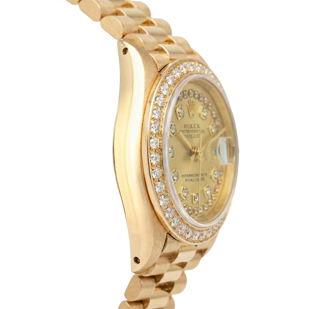 Rolex President Style Champagne String Dial Watch Yg Diamond Bezel