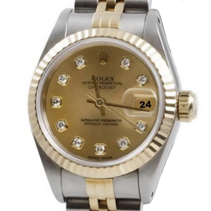 Rolex Ss & Gold Datejust Ladywatch Champagne Diamond Fluted Bezel