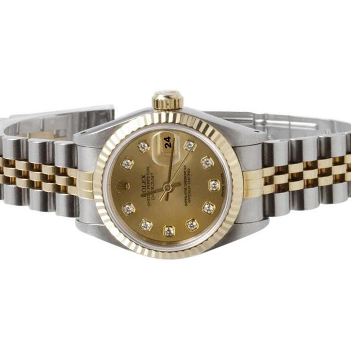 Rolex Ss & Gold Datejust Ladywatch Champagne Diamond Fluted Bezel