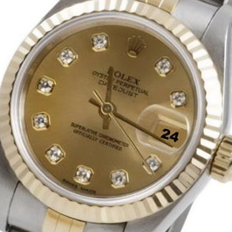 Rolex Ss & Gold Datejust Ladywatch Champagne Diamond Fluted Bezel