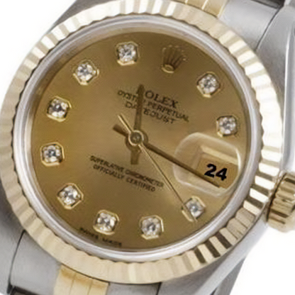 Rolex Ss & Gold Datejust Ladywatch Champagne Diamond Fluted Bezel