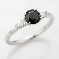 Round Black Diamond and White Baguette Three Stone Ring Natural 14K White Gold