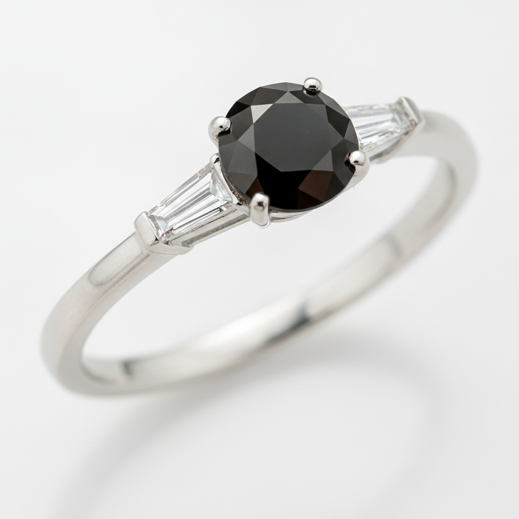 Round Black Diamond and White Baguette Three Stone Ring Natural 14K White Gold