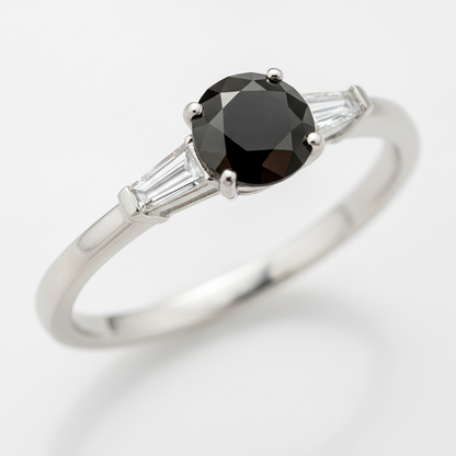 Round Black Diamond and White Baguette Three Stone Ring Natural 14K White Gold