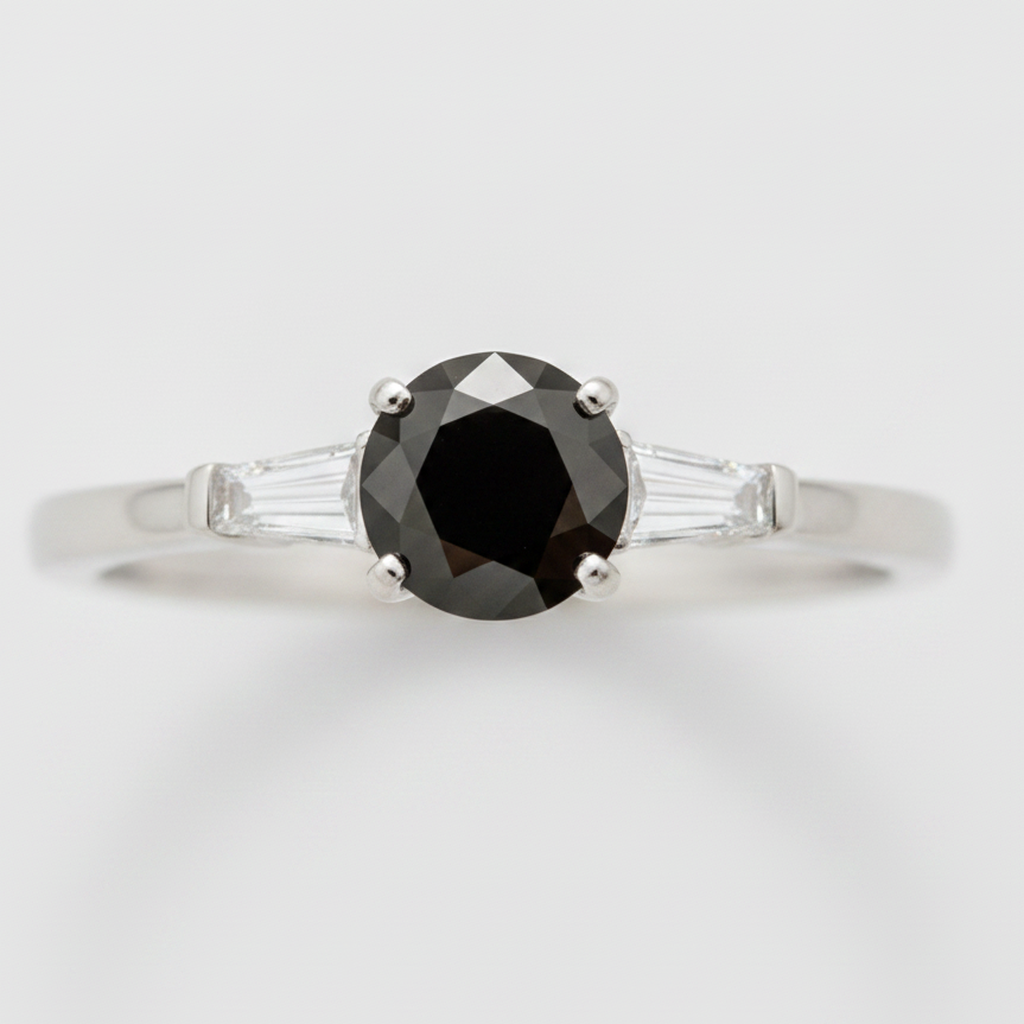Round Black Diamond and White Baguette Three Stone Ring Natural 14K White Gold