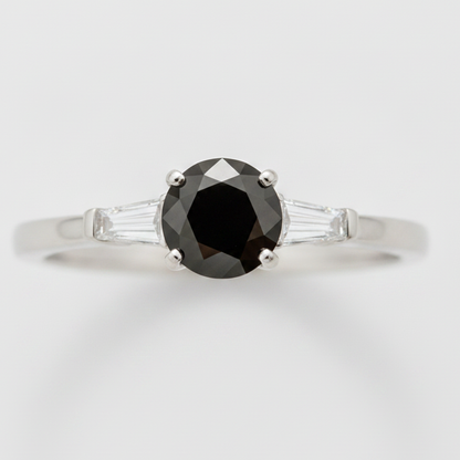 Round Black Diamond and White Baguette Three Stone Ring Natural 14K White Gold