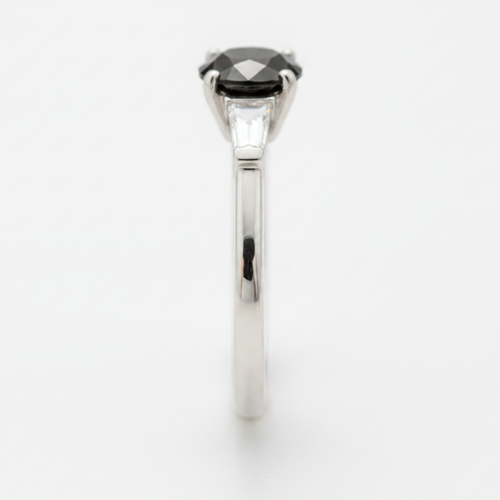 Round Black Diamond and White Baguette Three Stone Ring Natural 14K White Gold