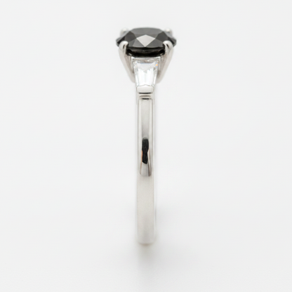 Round Black Diamond and White Baguette Three Stone Ring Natural 14K White Gold