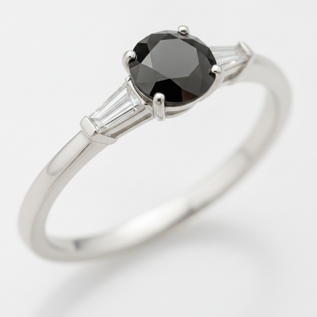 Round Black Diamond and White Baguette Three Stone Ring Natural 14K White Gold
