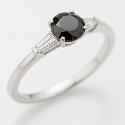 Round Black Diamond and White Baguette Three Stone Ring Natural 14K White Gold