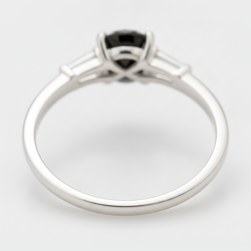 Round Black Diamond and White Baguette Three Stone Ring Natural 14K White Gold