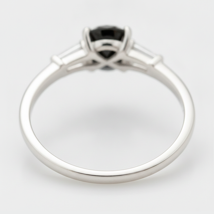 Round Black Diamond and White Baguette Three Stone Ring Natural 14K White Gold