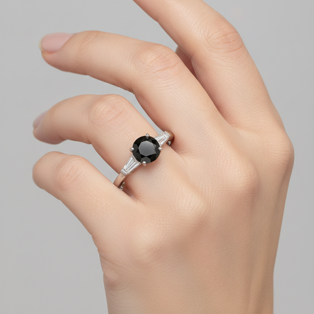 Round Black Diamond and White Baguette Three Stone Ring Natural 14K White Gold