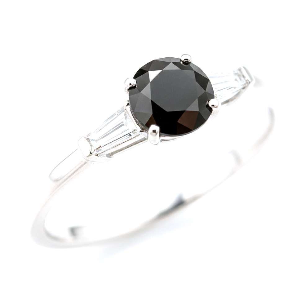 Round Black Diamond and White Baguette Three Stone Ring Natural 14K White Gold
