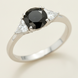 Round Black Diamond and White Trilliant Three Stone Ring Natural 14K White Gold