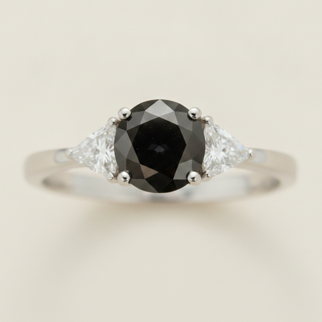 Round Black Diamond and White Trilliant Three Stone Ring Natural 14K White Gold