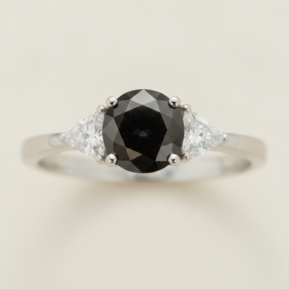 Round Black Diamond and White Trilliant Three Stone Ring Natural 14K White Gold
