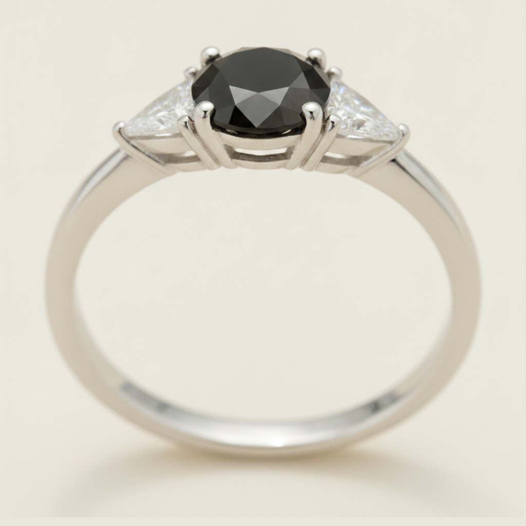 Round Black Diamond and White Trilliant Three Stone Ring Natural 14K White Gold