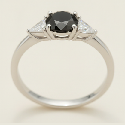 Round Black Diamond and White Trilliant Three Stone Ring Natural 14K White Gold