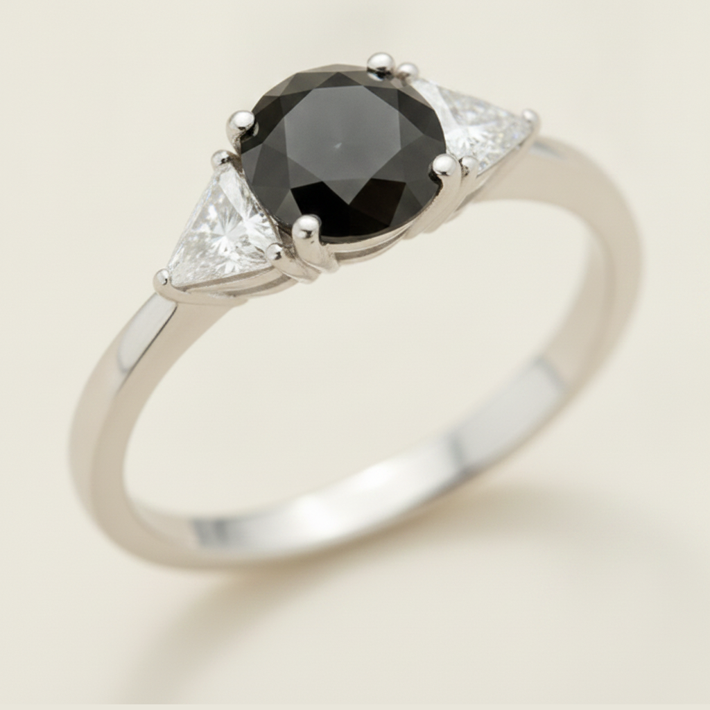 Round Black Diamond and White Trilliant Three Stone Ring Natural 14K White Gold