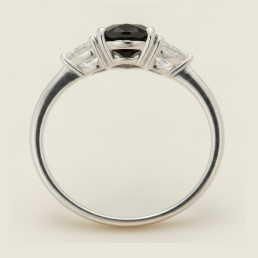 Round Black Diamond and White Trilliant Three Stone Ring Natural 14K White Gold
