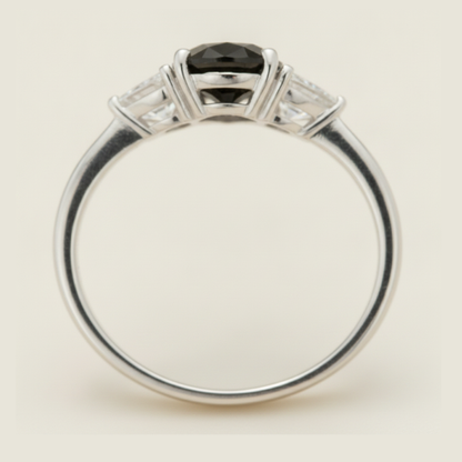Round Black Diamond and White Trilliant Three Stone Ring Natural 14K White Gold