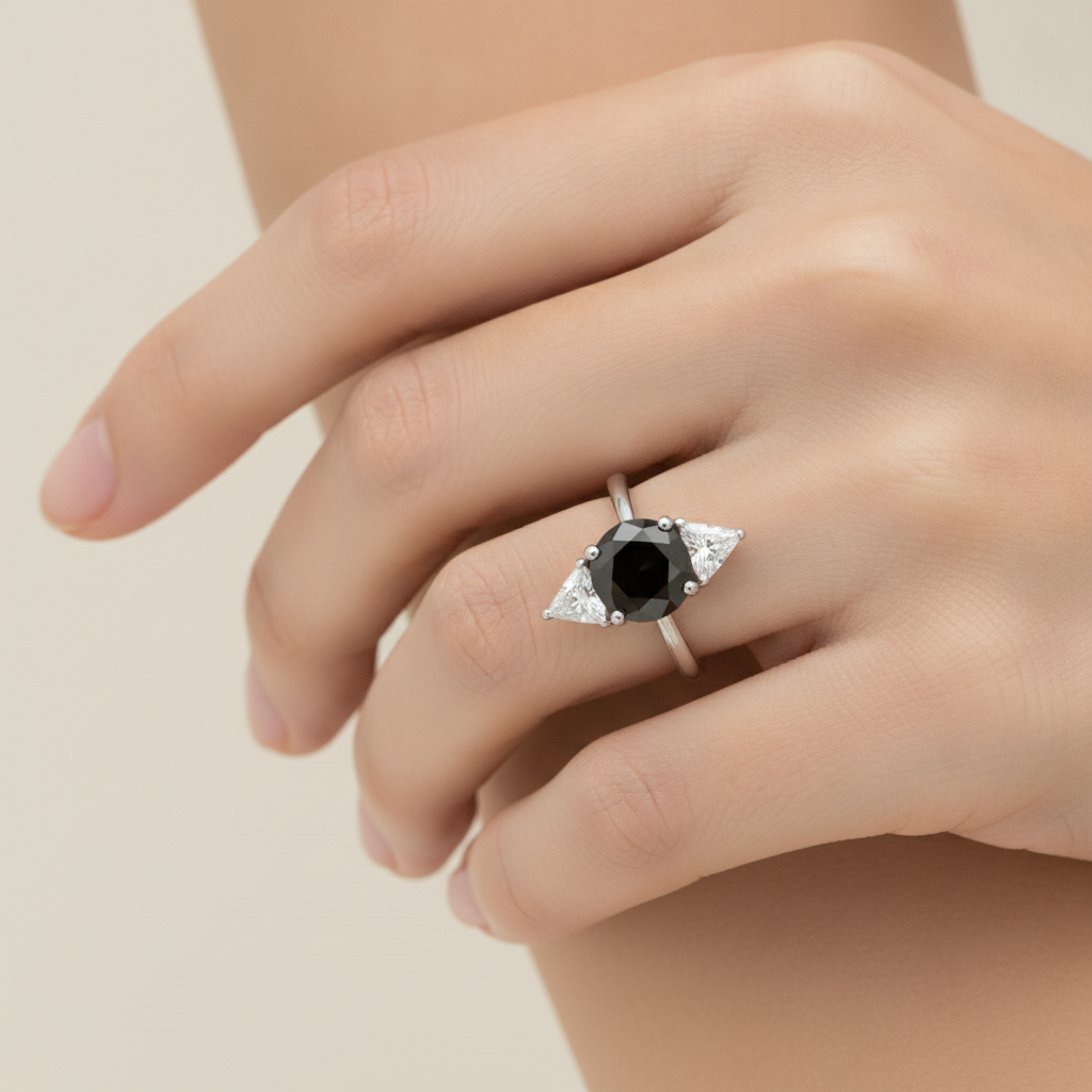 Round Black Diamond and White Trilliant Three Stone Ring Natural 14K White Gold