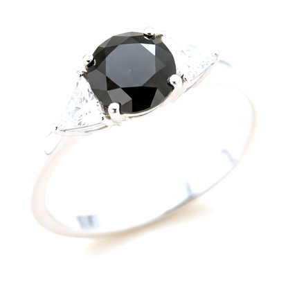 Round Black Diamond and White Trilliant Three Stone Ring Natural 14K White Gold