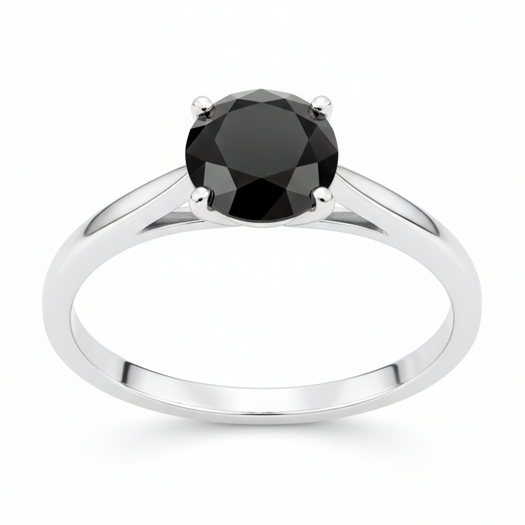 Round Black Diamond Cathedral Solitaire Ring Natural 14K White Gold